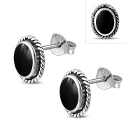 Large Oval Black Onyx Stud Silver Earrings, e336
